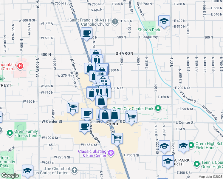 map of restaurants, bars, coffee shops, grocery stores, and more near 35 180 North in Orem
