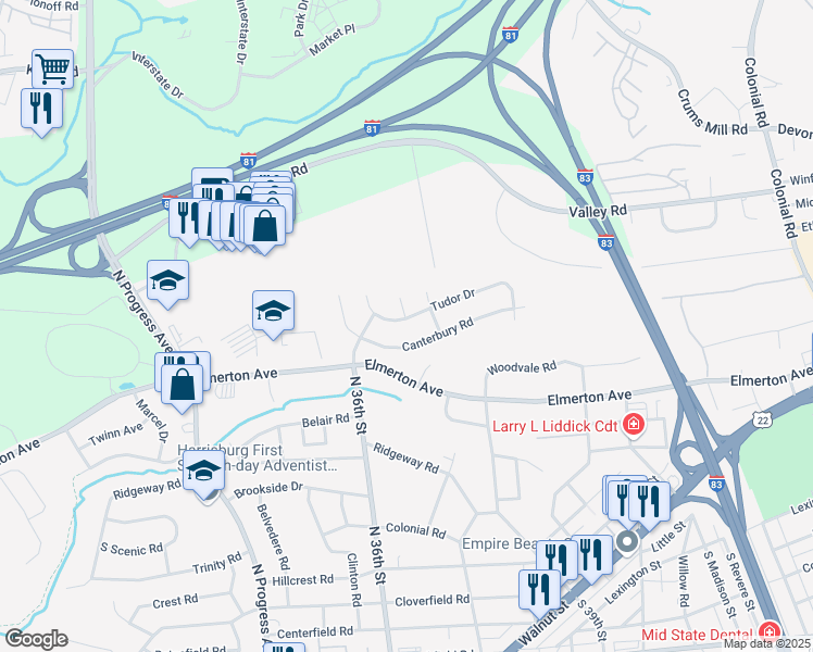 map of restaurants, bars, coffee shops, grocery stores, and more near 3617 Tudor Dr in Harrisburg