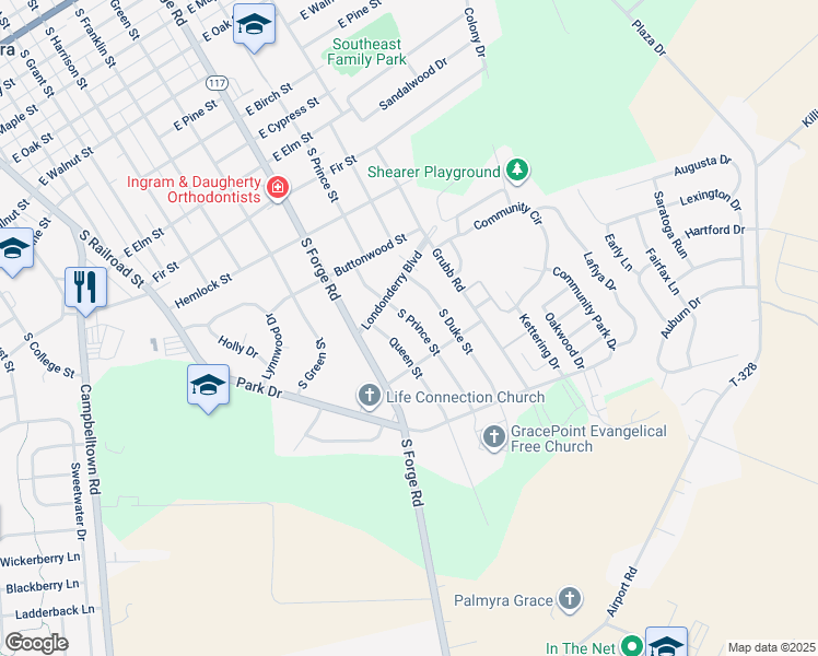 map of restaurants, bars, coffee shops, grocery stores, and more near 1241 South Prince Street in Palmyra