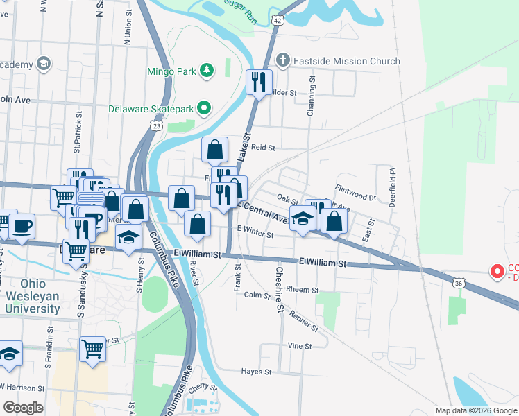 map of restaurants, bars, coffee shops, grocery stores, and more near 205 East Central Avenue in Delaware