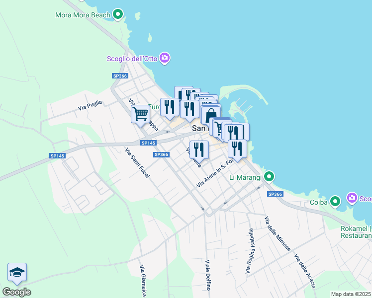 map of restaurants, bars, coffee shops, grocery stores, and more near 19 Piazza Lampedusa in San Foca