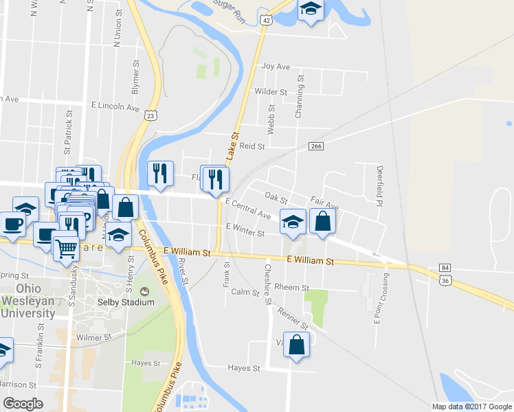 map of restaurants, bars, coffee shops, grocery stores, and more near 219 East Central Avenue in Delaware