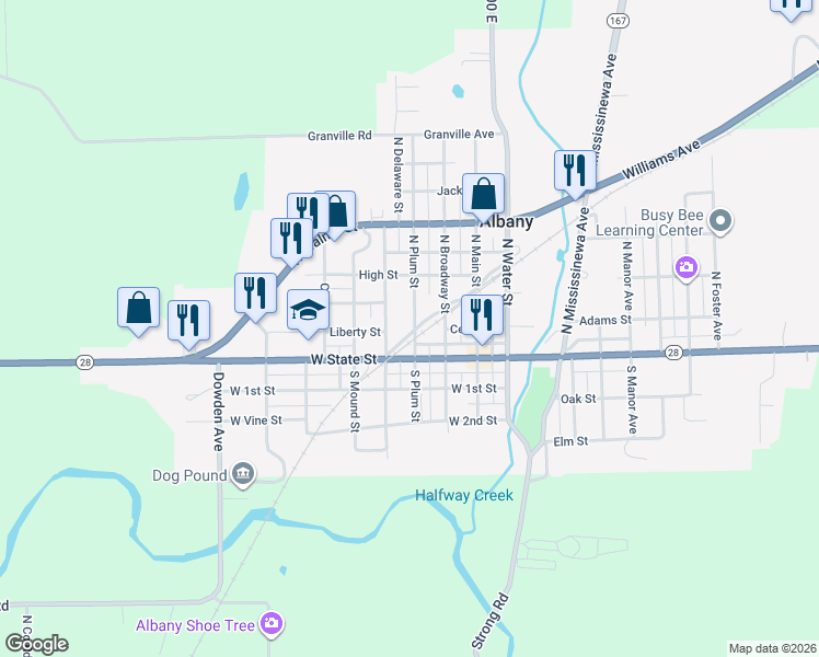 map of restaurants, bars, coffee shops, grocery stores, and more near 200 North Plum Street in Albany