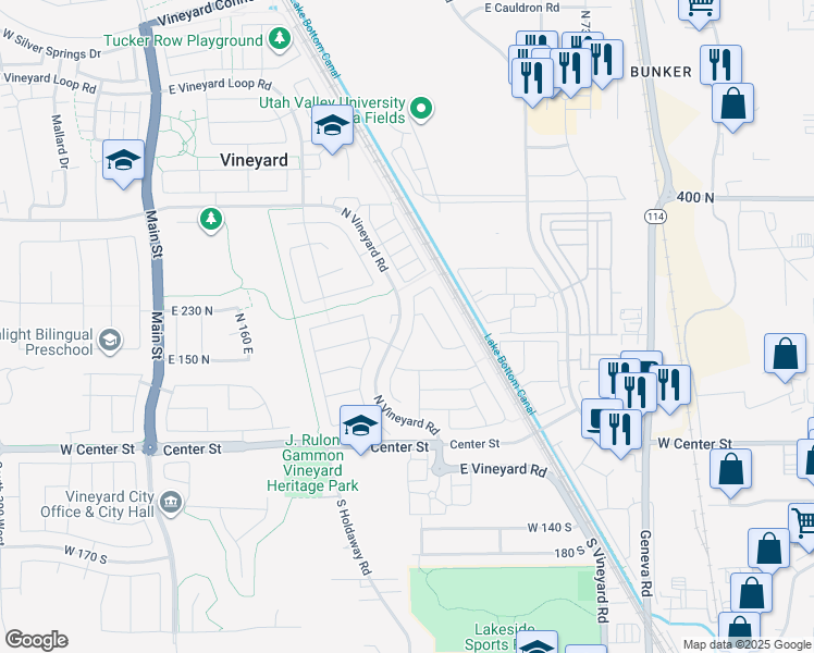 map of restaurants, bars, coffee shops, grocery stores, and more near 201 North 410 East Street in Vineyard