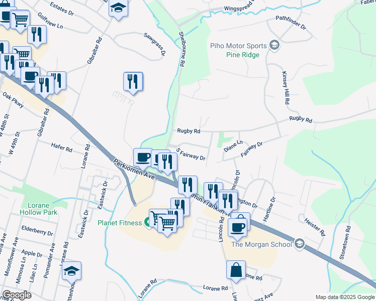 map of restaurants, bars, coffee shops, grocery stores, and more near 5510 South Fairway Drive in Reading