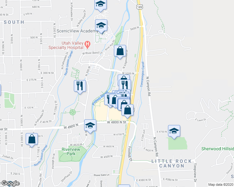 map of restaurants, bars, coffee shops, grocery stores, and more near 5005 North Edgewood Drive in Provo