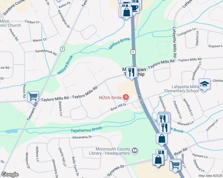 map of restaurants, bars, coffee shops, grocery stores, and more near 7 Country Lane in Manalapan Township