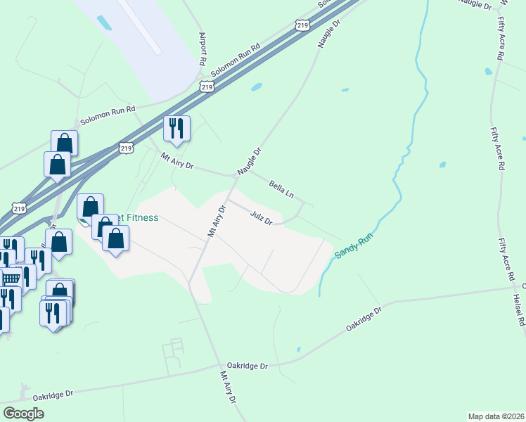 map of restaurants, bars, coffee shops, grocery stores, and more near 101-199 Julz Drive in Johnstown