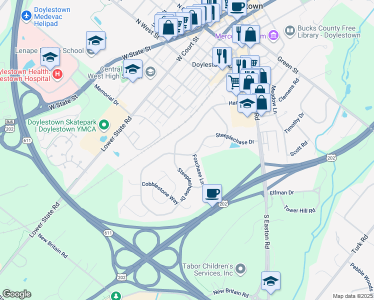 map of restaurants, bars, coffee shops, grocery stores, and more near 36 Steeplechase Dr in Doylestown