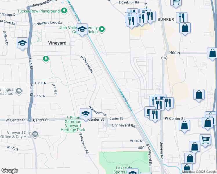 map of restaurants, bars, coffee shops, grocery stores, and more near 203 North 590 East in Vineyard