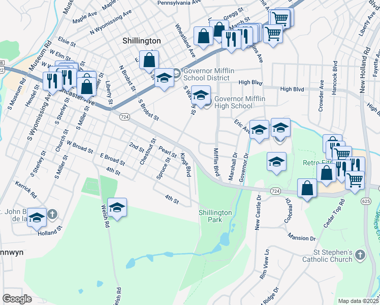 map of restaurants, bars, coffee shops, grocery stores, and more near Philadelphia Avenue in Shillington