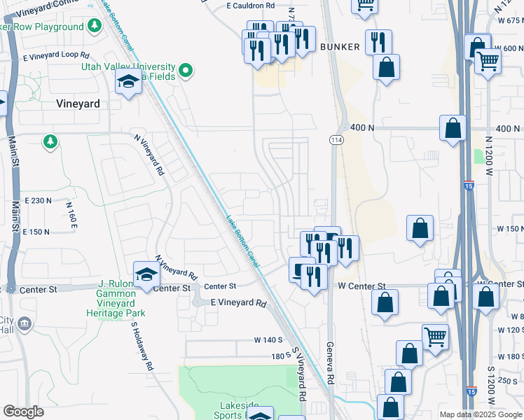 map of restaurants, bars, coffee shops, grocery stores, and more near 667 East 180 North in Vineyard