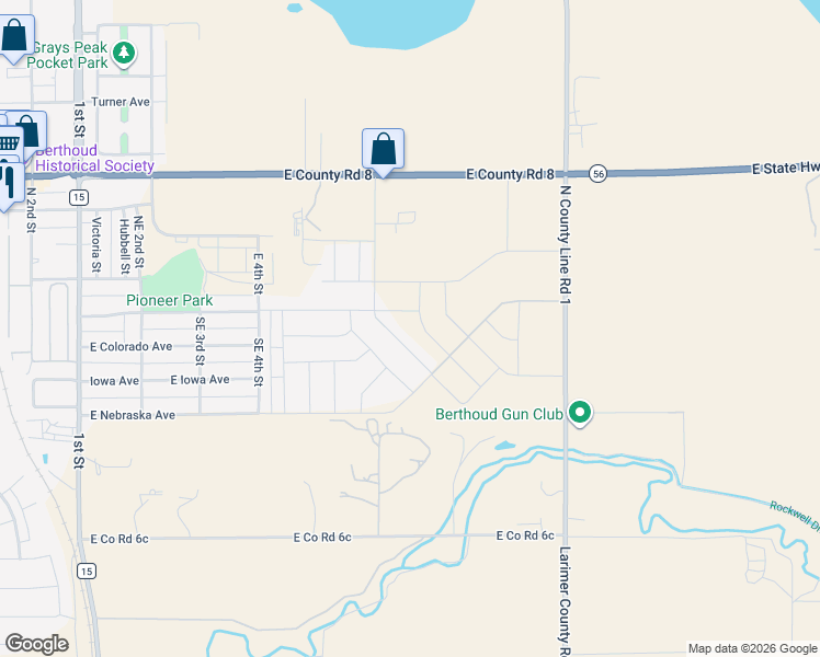 map of restaurants, bars, coffee shops, grocery stores, and more near 110 Dorothy Drive in Berthoud