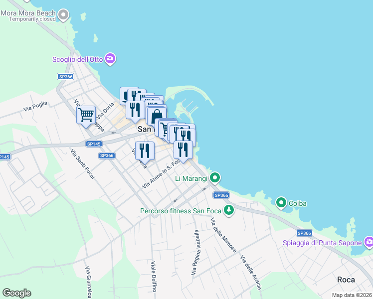 map of restaurants, bars, coffee shops, grocery stores, and more near 40-42 Via Lungomare Matteotti in San Foca