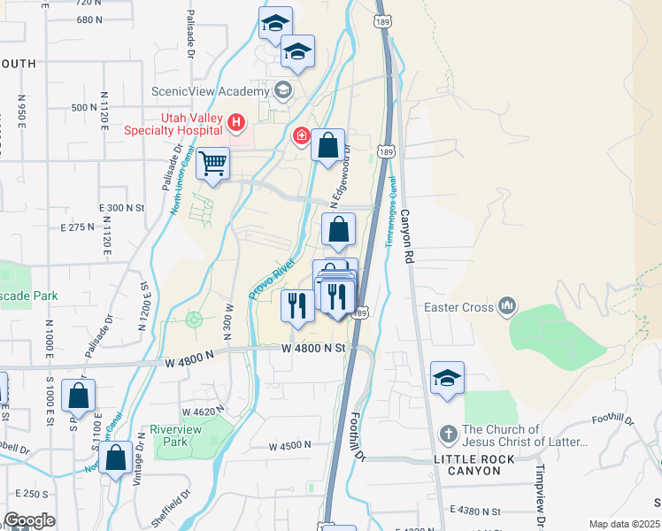 map of restaurants, bars, coffee shops, grocery stores, and more near 5005 North Edgewood Drive in Provo
