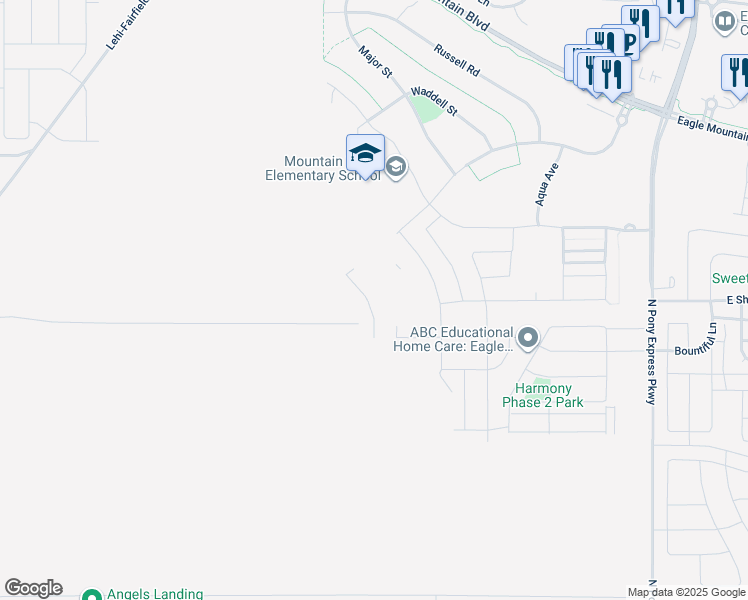 map of restaurants, bars, coffee shops, grocery stores, and more near 3672 North Nathan Street in Eagle Mountain