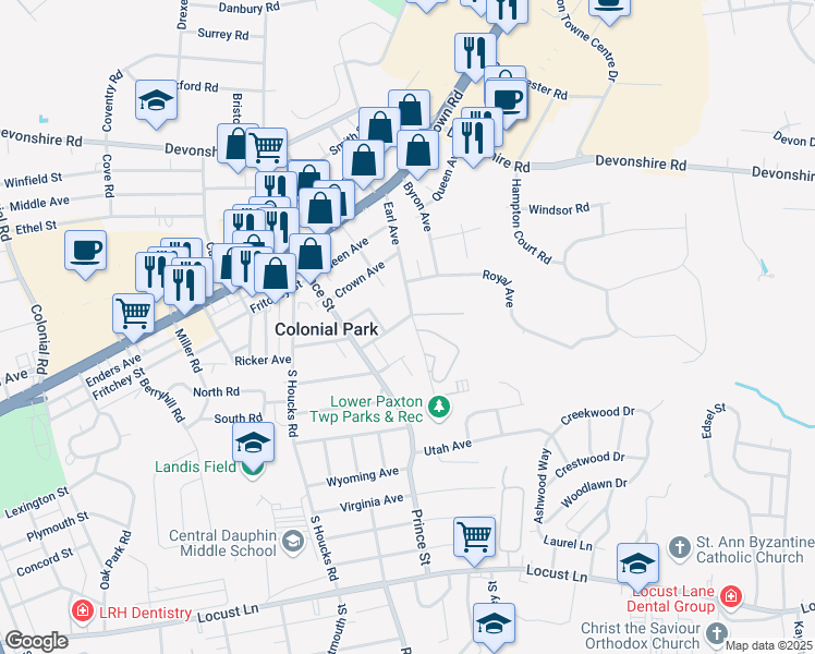 map of restaurants, bars, coffee shops, grocery stores, and more near 4811 Lancer Street in Harrisburg
