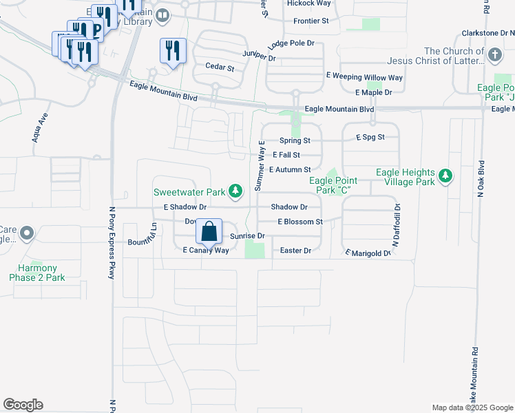 map of restaurants, bars, coffee shops, grocery stores, and more near 2047 East Shadow Drive in Eagle Mountain