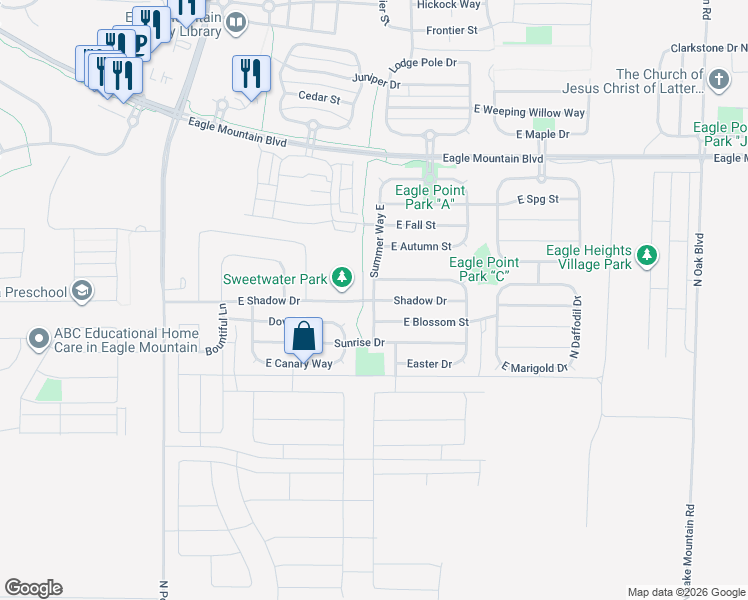 map of restaurants, bars, coffee shops, grocery stores, and more near 2146 East Shadow Drive in Eagle Mountain