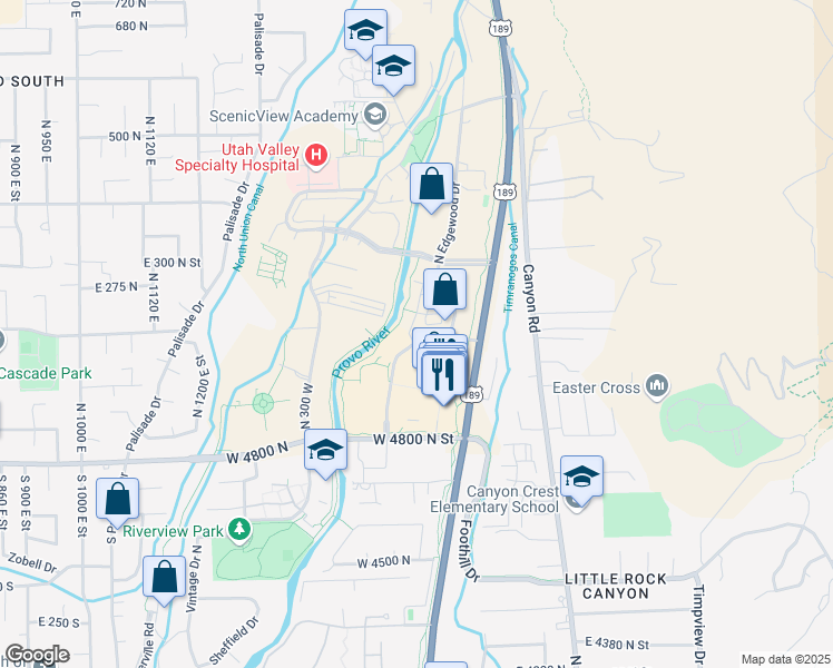 map of restaurants, bars, coffee shops, grocery stores, and more near 5005 North Edgewood Drive in Provo