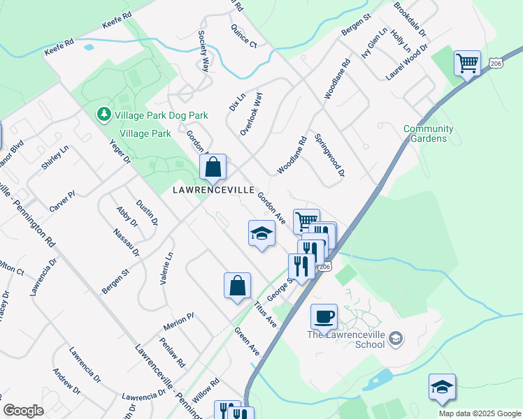 map of restaurants, bars, coffee shops, grocery stores, and more near 8 Village Court in Lawrence Township
