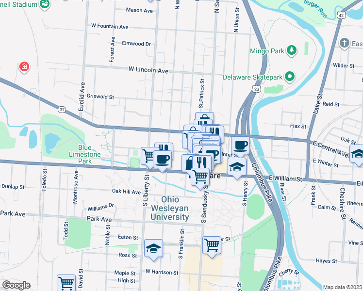 map of restaurants, bars, coffee shops, grocery stores, and more near 46 West Winter Street in Delaware