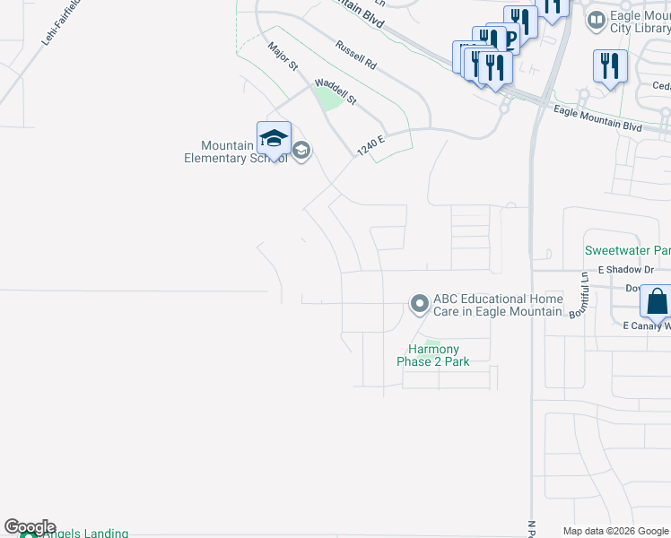 map of restaurants, bars, coffee shops, grocery stores, and more near 3679 North Browning Street in Eagle Mountain