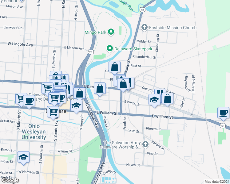 map of restaurants, bars, coffee shops, grocery stores, and more near 168 East Central Avenue in Delaware