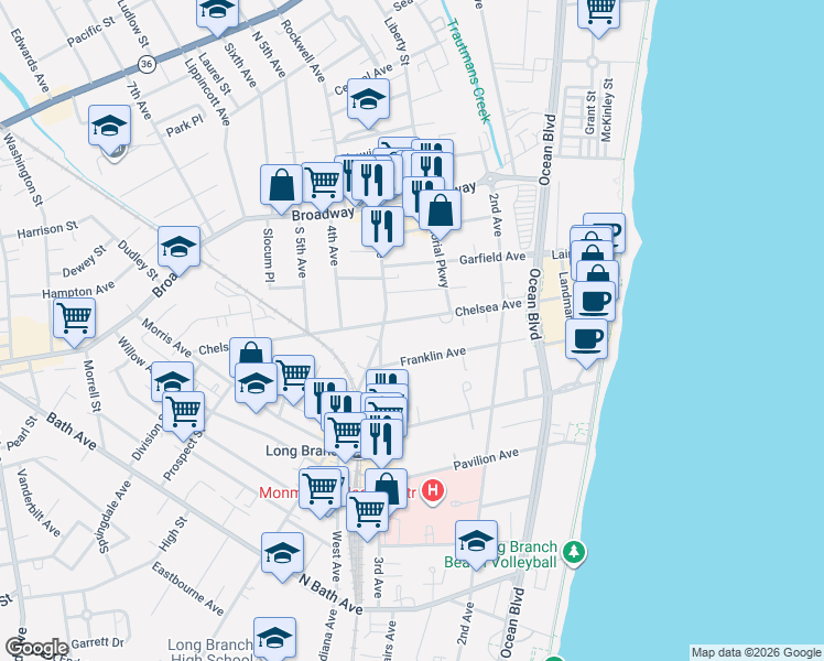 map of restaurants, bars, coffee shops, grocery stores, and more near 176 Chelsea Avenue in Long Branch