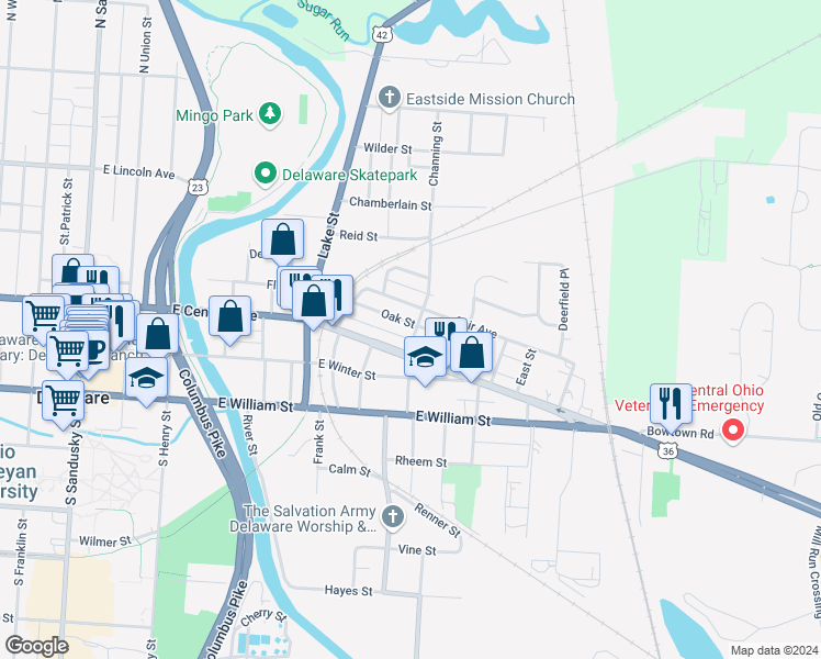 map of restaurants, bars, coffee shops, grocery stores, and more near 15 Channing Street in Delaware