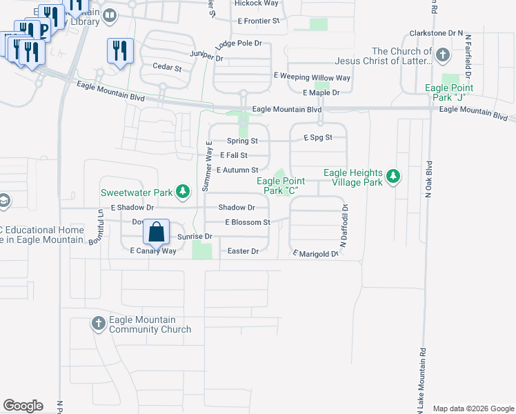 map of restaurants, bars, coffee shops, grocery stores, and more near 2147 East Shadow Drive in Eagle Mountain