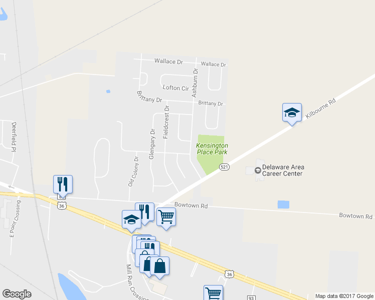 map of restaurants, bars, coffee shops, grocery stores, and more near 1934 Ashburn Drive in Delaware