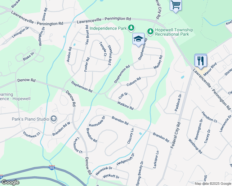 map of restaurants, bars, coffee shops, grocery stores, and more near 157 Coburn Road in Pennington