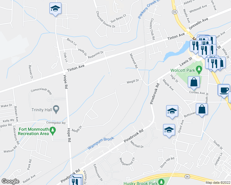 map of restaurants, bars, coffee shops, grocery stores, and more near Megill Drive in Eatontown
