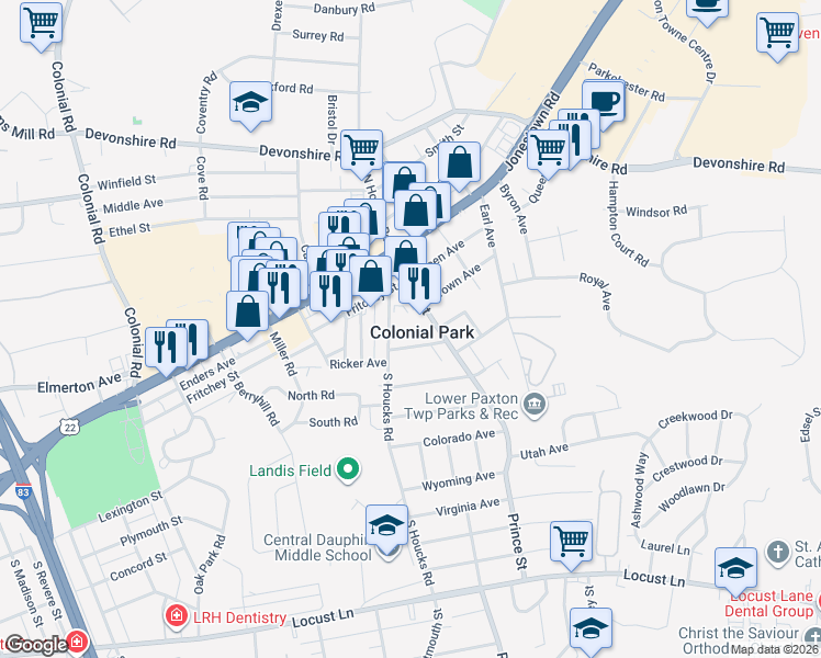 map of restaurants, bars, coffee shops, grocery stores, and more near 75 S Houcks Rd in Harrisburg