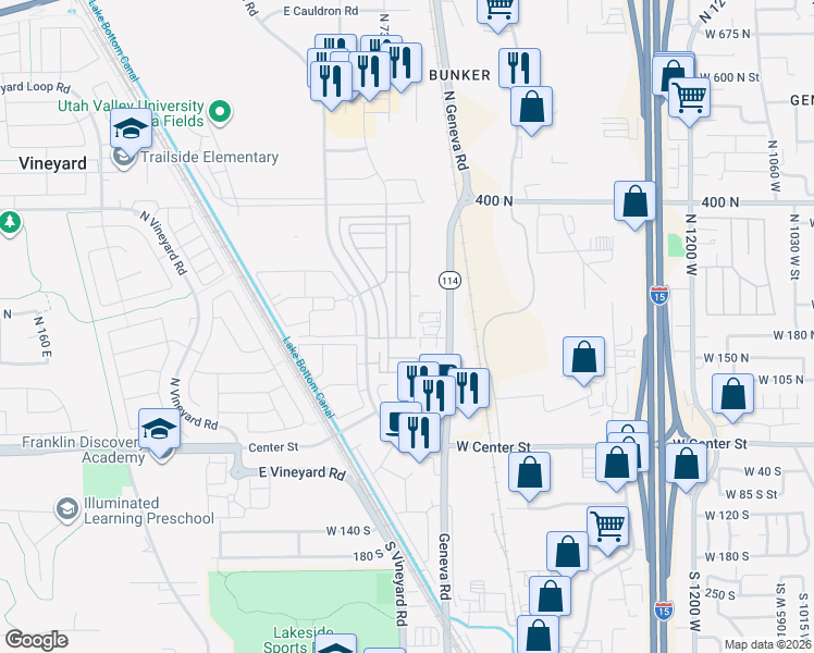 map of restaurants, bars, coffee shops, grocery stores, and more near 775 East 180 North in Vineyard