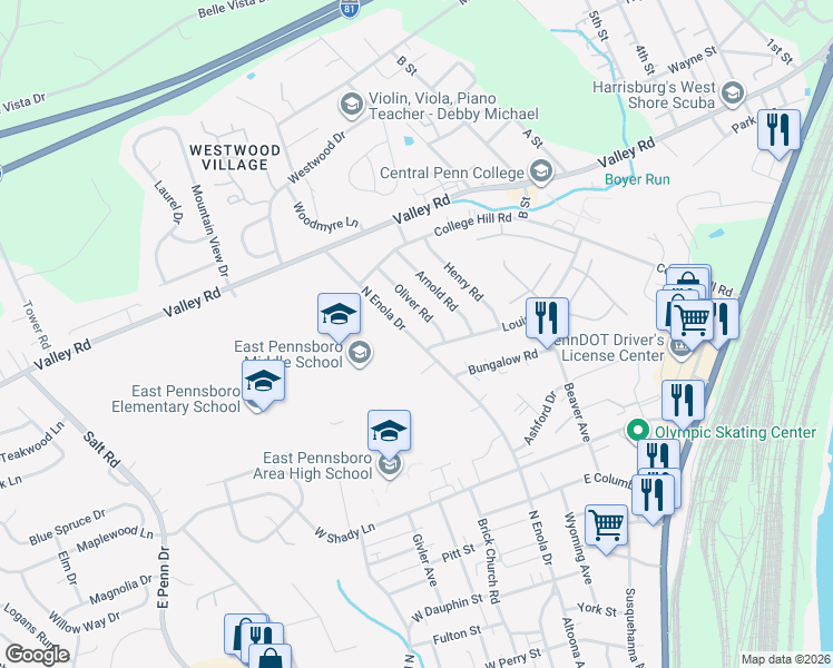 map of restaurants, bars, coffee shops, grocery stores, and more near 505 North Enola Drive in Enola