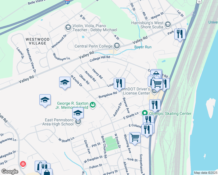 map of restaurants, bars, coffee shops, grocery stores, and more near 13 Louis Lane in Enola