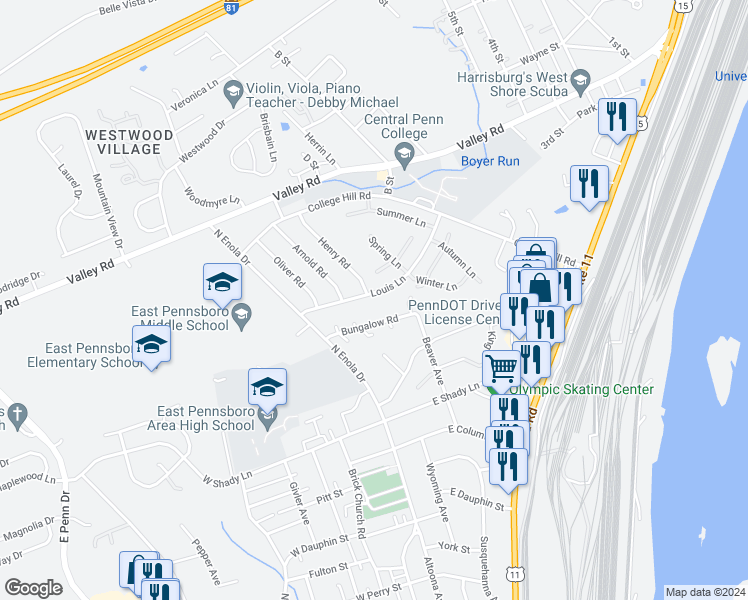 map of restaurants, bars, coffee shops, grocery stores, and more near 13 Louis Lane in Enola