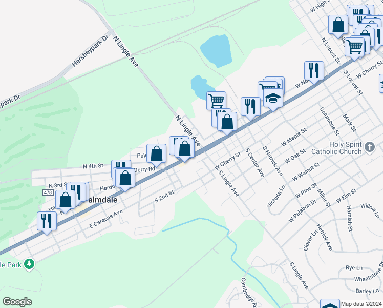 map of restaurants, bars, coffee shops, grocery stores, and more near 1817 East Chocolate Avenue in Hershey