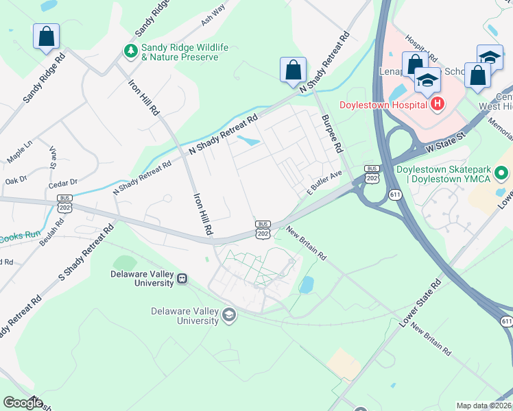 map of restaurants, bars, coffee shops, grocery stores, and more near 44 Evergreen Drive in Doylestown