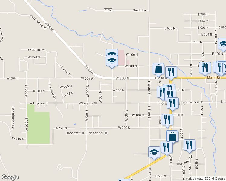 map of restaurants, bars, coffee shops, grocery stores, and more near 299 West 100 North in Roosevelt