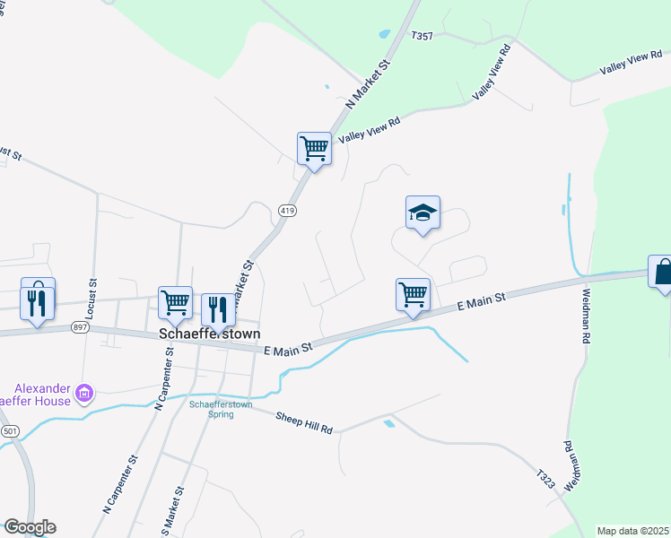 map of restaurants, bars, coffee shops, grocery stores, and more near 206 North Prospect Drive in Myerstown