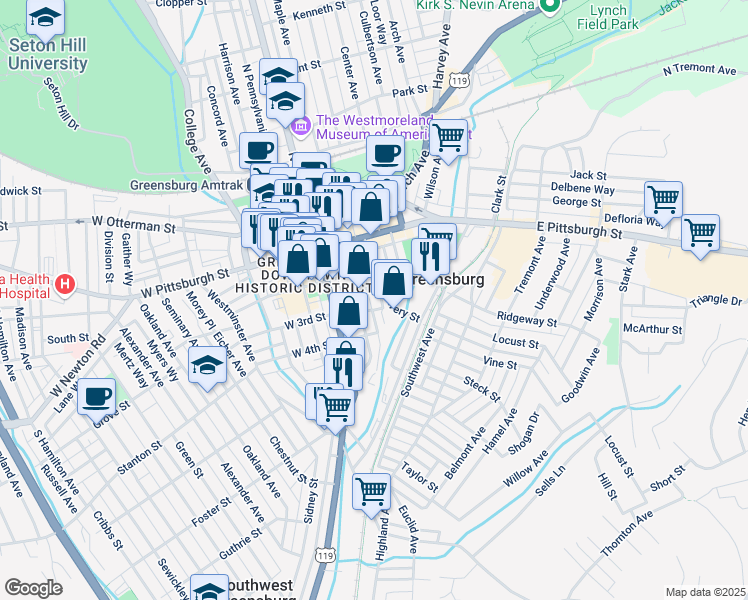 map of restaurants, bars, coffee shops, grocery stores, and more near 214 Alwine Avenue in Greensburg