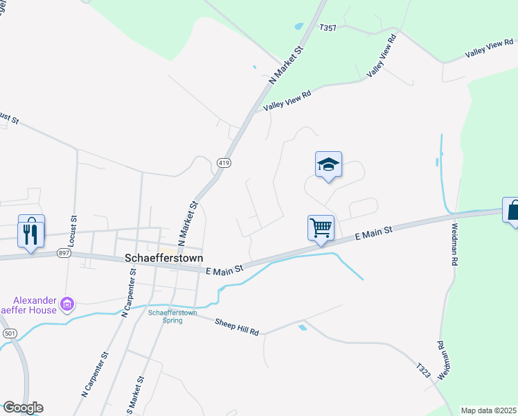 map of restaurants, bars, coffee shops, grocery stores, and more near 206 North Prospect Drive in Myerstown