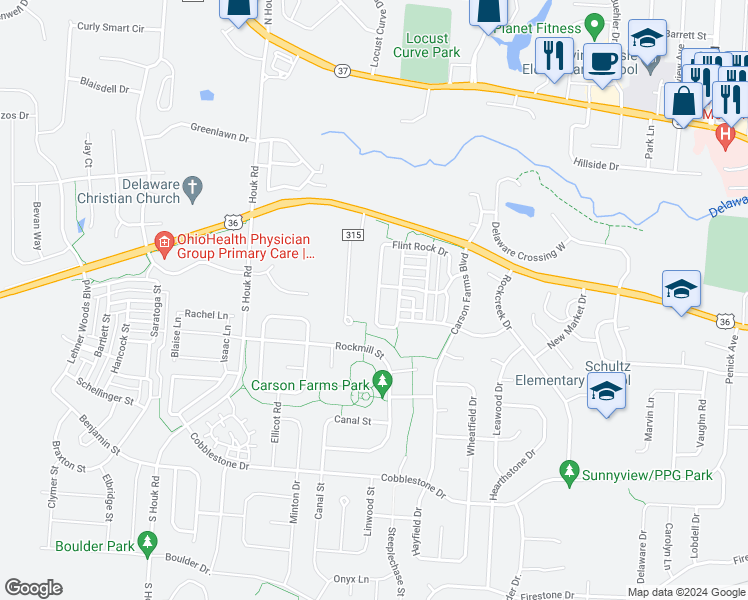 map of restaurants, bars, coffee shops, grocery stores, and more near 332 Flint Rock Drive in Delaware