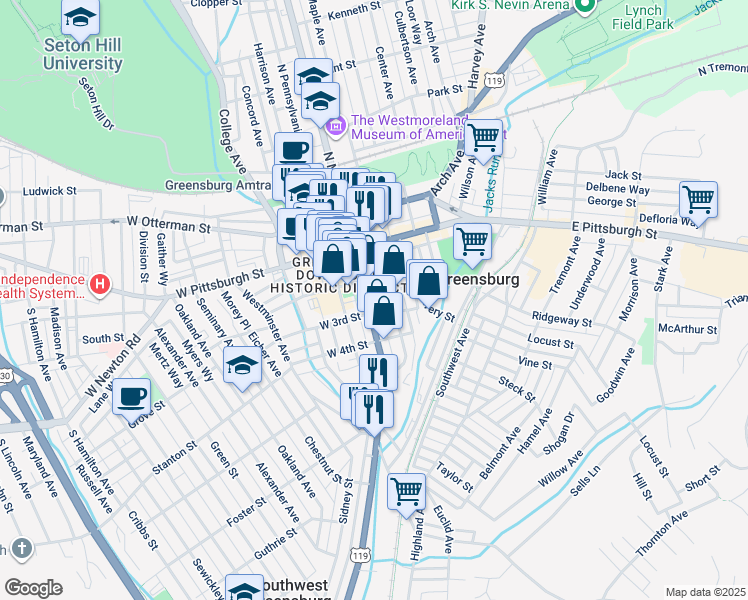 map of restaurants, bars, coffee shops, grocery stores, and more near 249 South Main Street in Greensburg