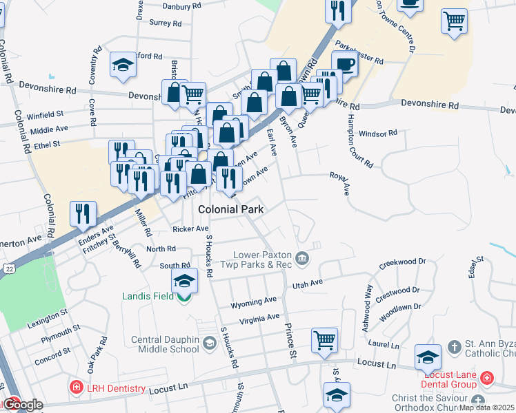 map of restaurants, bars, coffee shops, grocery stores, and more near 190 Princess Avenue in Harrisburg