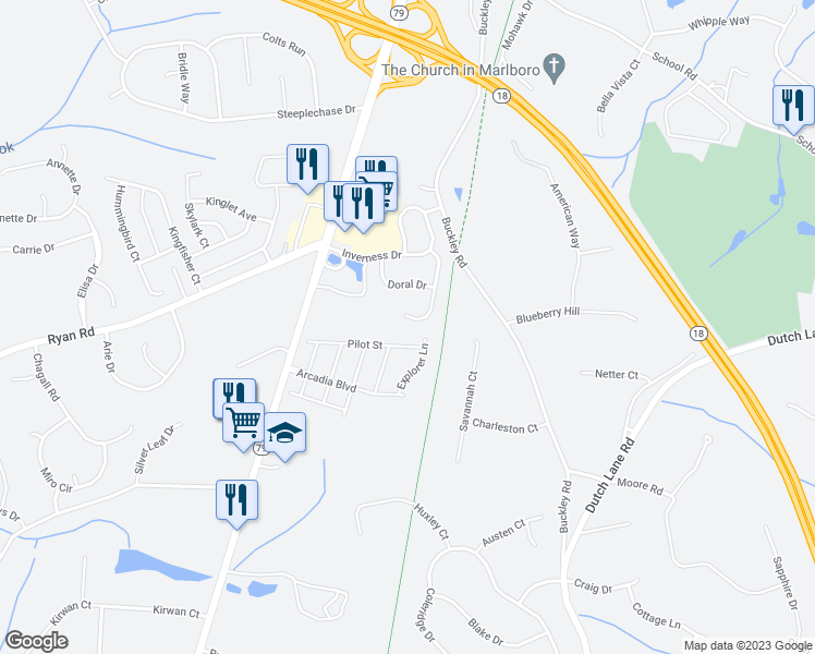 map of restaurants, bars, coffee shops, grocery stores, and more near 24 Pecan Valley Dr in Marlboro