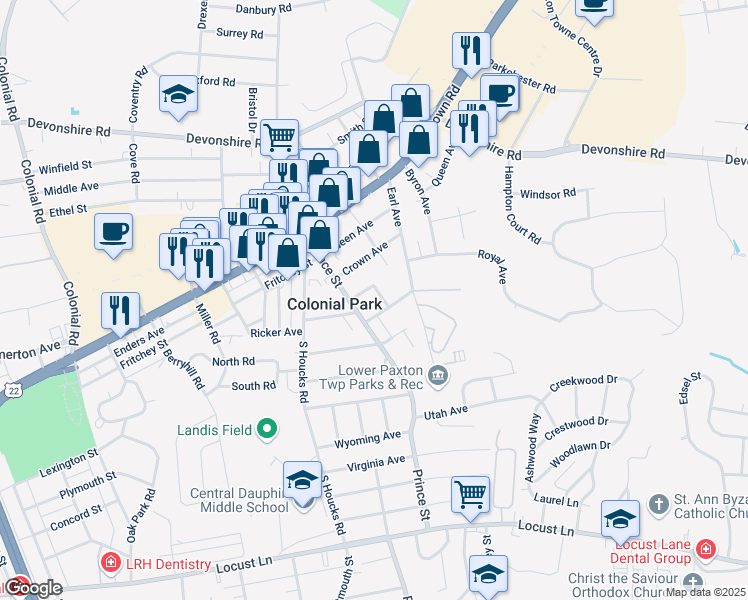 map of restaurants, bars, coffee shops, grocery stores, and more near 190 Princess Avenue in Harrisburg